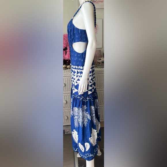 Farm Rio Ondina Linen blend Midi Dress with Cutout Waist in Blue & White Size M - Picture 5 of 13